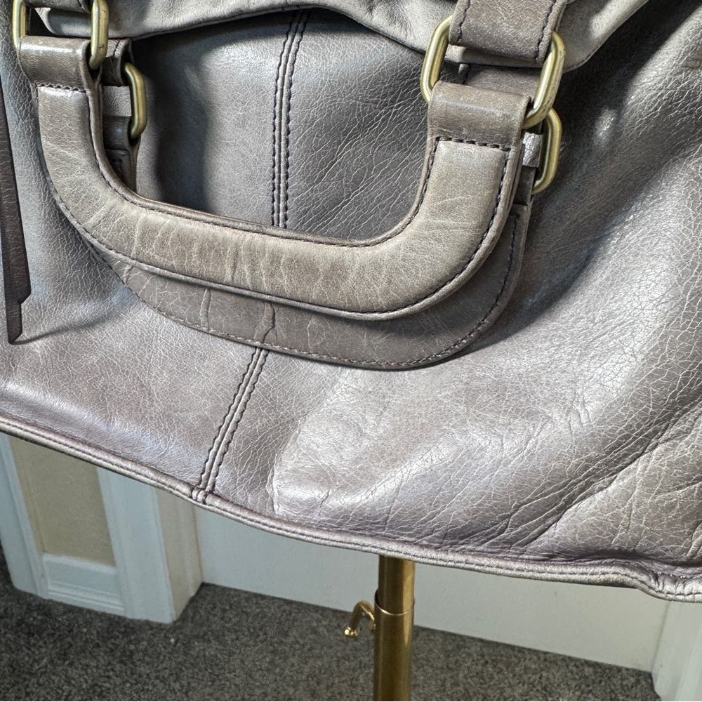 HOBO Leather Crossbody Bag Gray Foldover Slouch Shoulder Purse - Picture 3 of 12